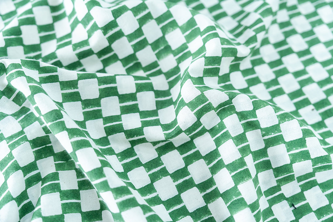 A detailed look at our hand block printed fabric with green colored azo free dye